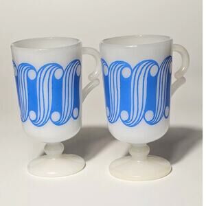 2 Vintage Fire-King Swirl Line Mugs Blue Wave Pattern Milk Glass
